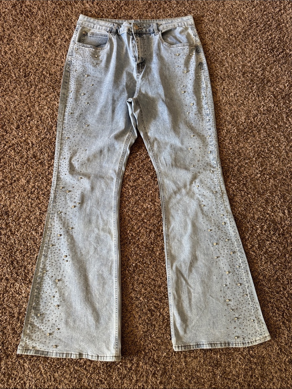 Light Wash Stud-Embellished Flare Jeans